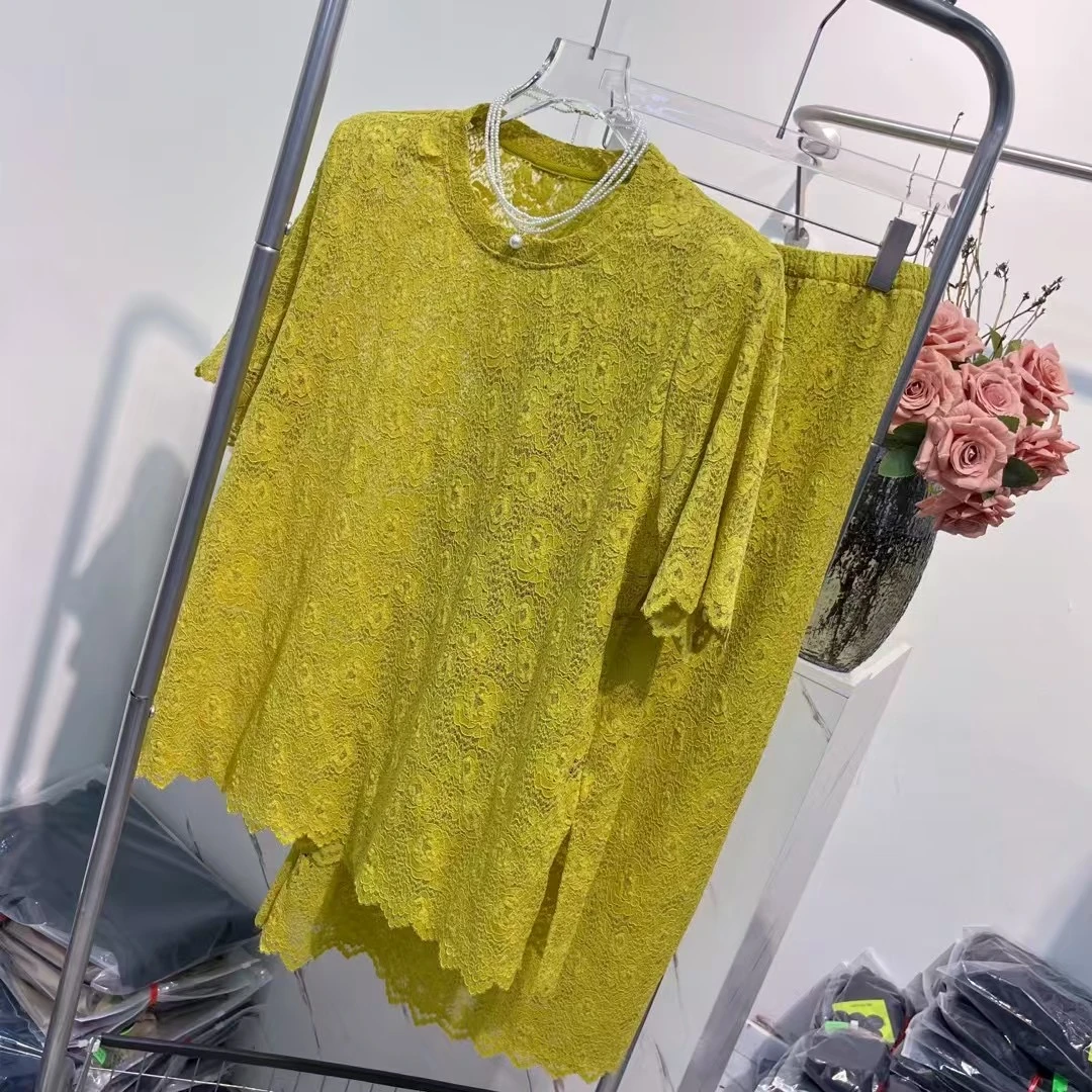 正版韩系重工蕾丝圆领上衣+松紧腰半身裙女2025高级感小众套装