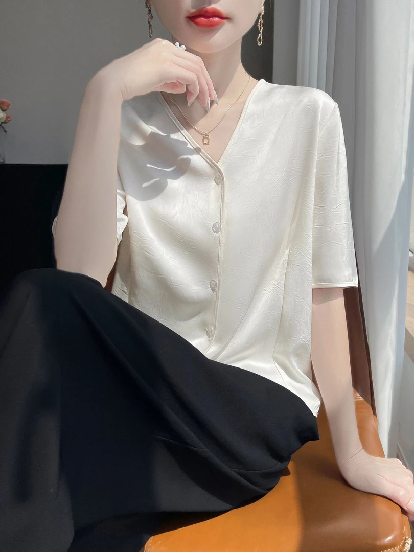 100%桑蚕丝V领小衫夏季短袖T恤