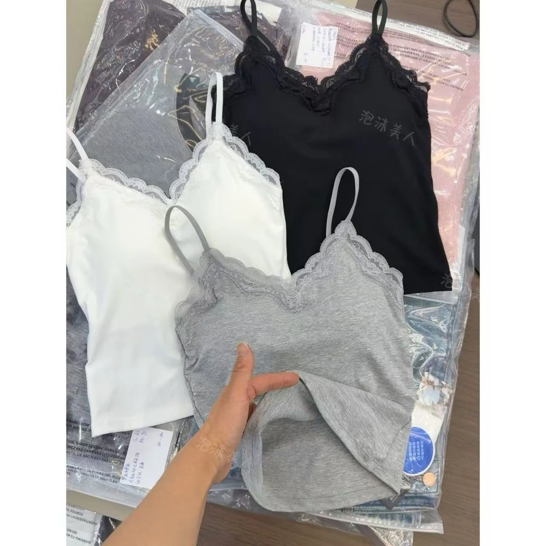 蕾丝吊带背心」透气固定一体式杯垫V领显瘦内搭吊带美背上衣