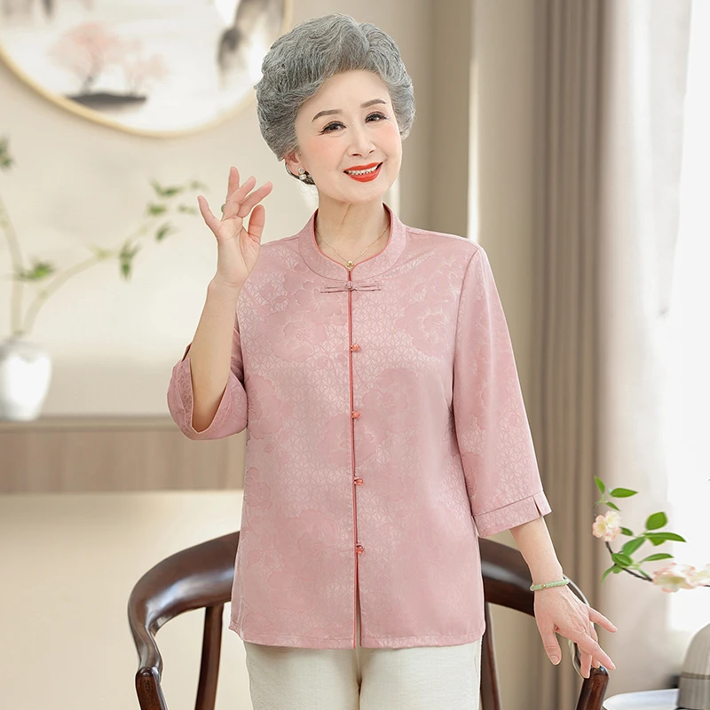 中老年人国风妈妈装衬衣奶奶装七分袖衬衫6070春夏薄款老太太衣服