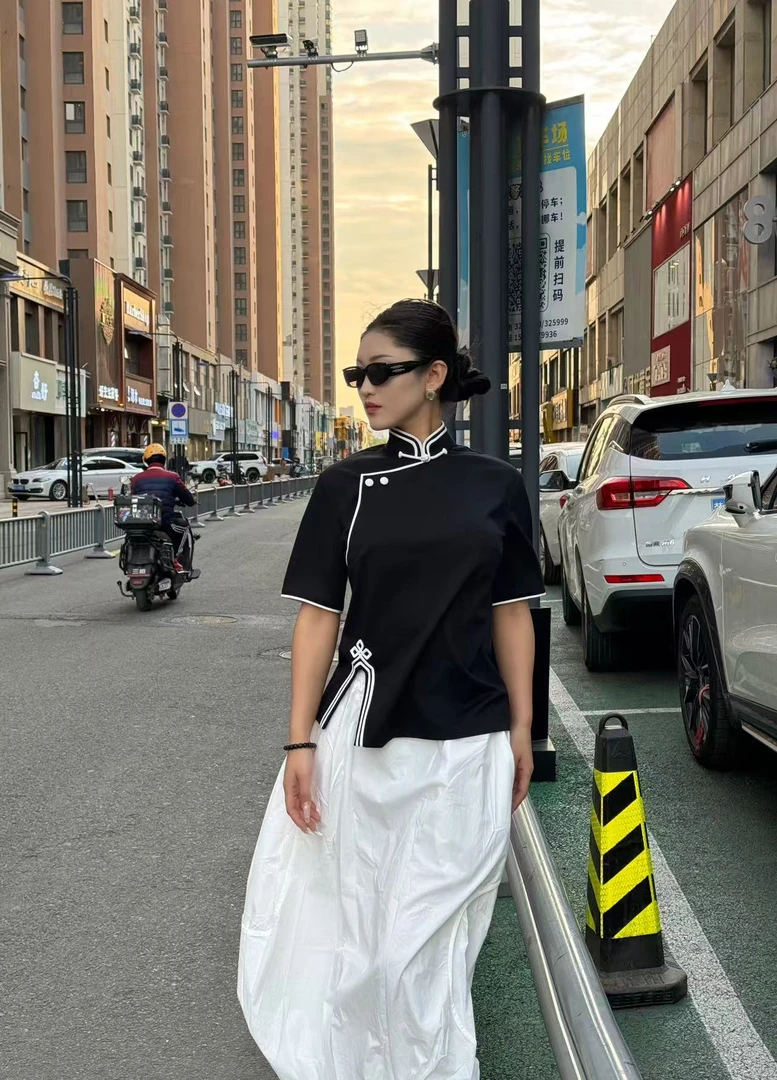 【道日娜】D001-民族风斜肩短袖 道日娜轻民族风原创设计