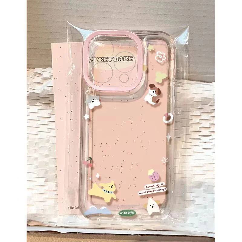 粉框花花小狗适用苹果16手机壳15promax卡通iPhone14/13/12透明11
