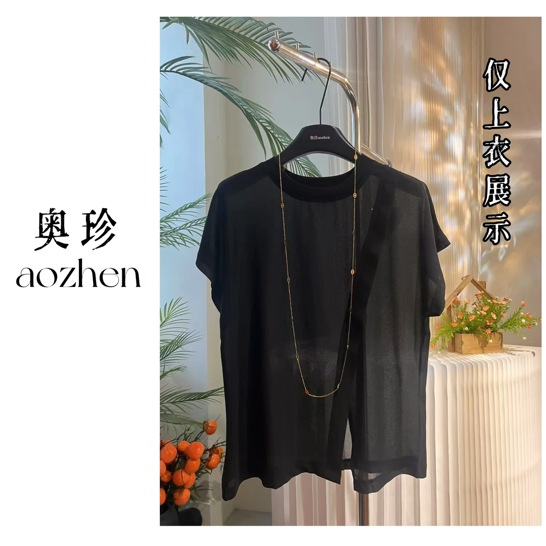 【查尔周末】设计感短袖夏季微胖mm侧开叉压褶显瘦上衣