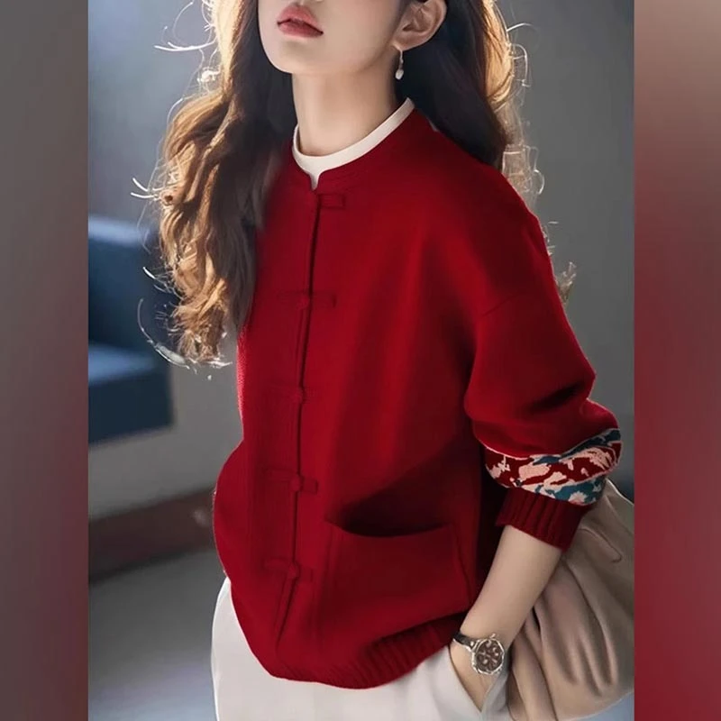香朵儿国风复古盘扣红色针织衫女2026年春季新款新年战袍立领毛衣