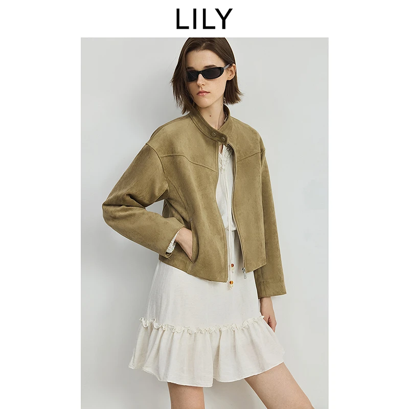 LILY2025秋新款女装复古机车风立领气质通勤夹克外套125339C3924