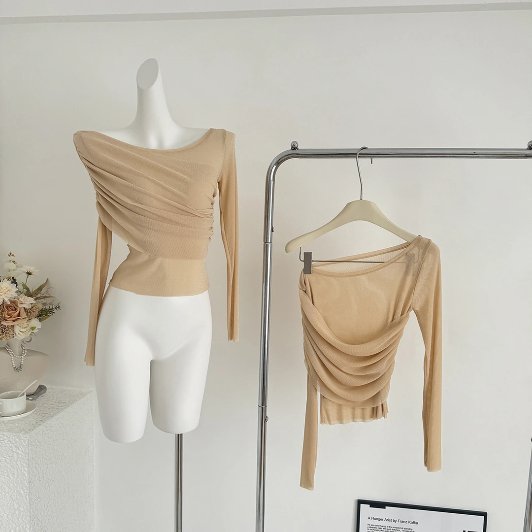 CHEISLY 新款纯欲风法式一字肩长袖t恤女秋季修身收腰显瘦上衣女