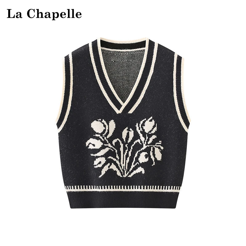 拉夏贝尔减龄小众V领拼色提花针织马甲背心女马夹春新款高级时尚
