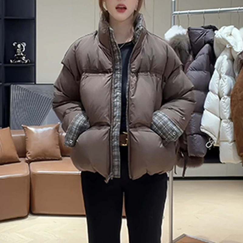 韩版拼色格子短款棉服外套女士2026冬季新款百搭保暖设计感衣服