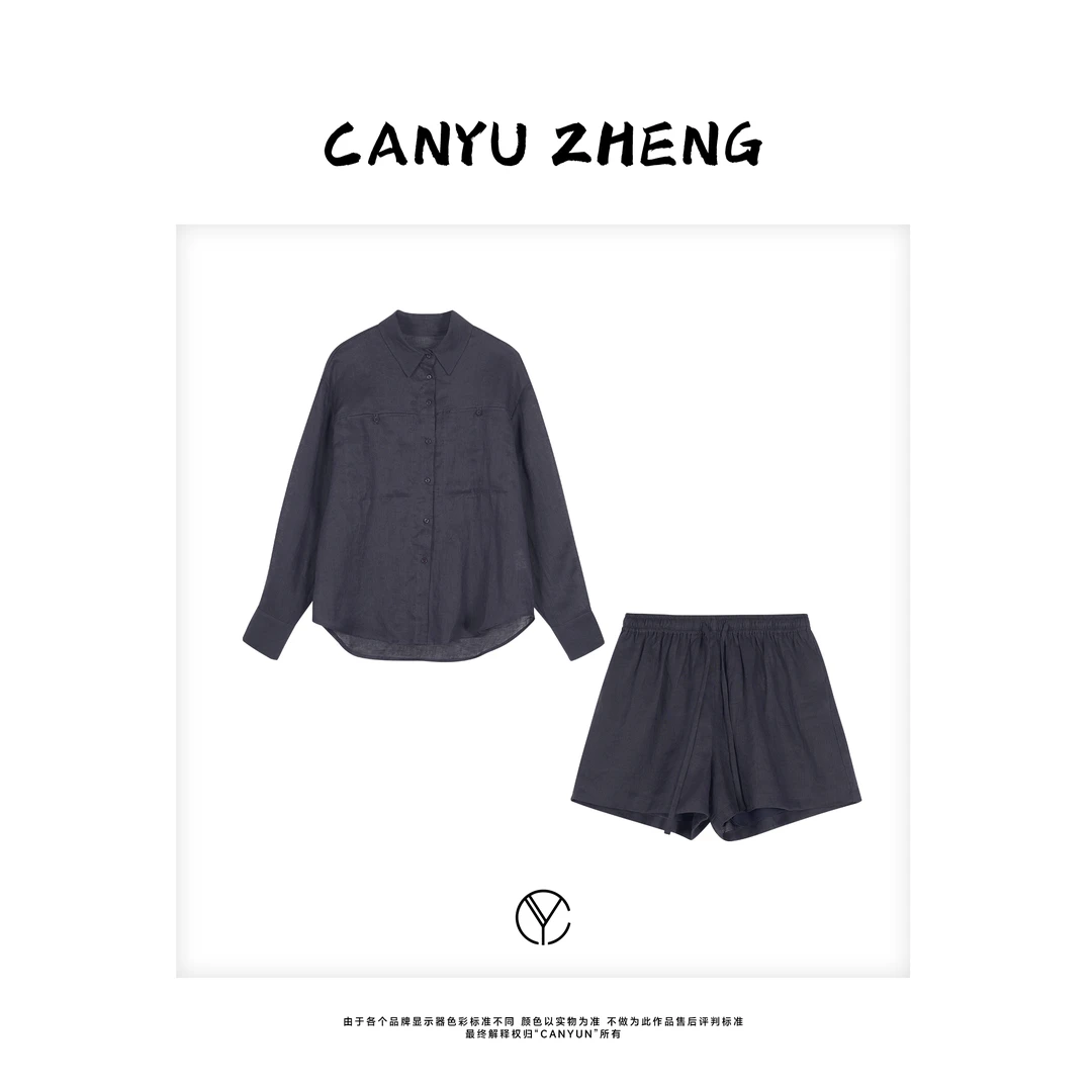 CANYU精选 深圳南油货 定染葡萄紫纯亚麻衬衫+短裤套装