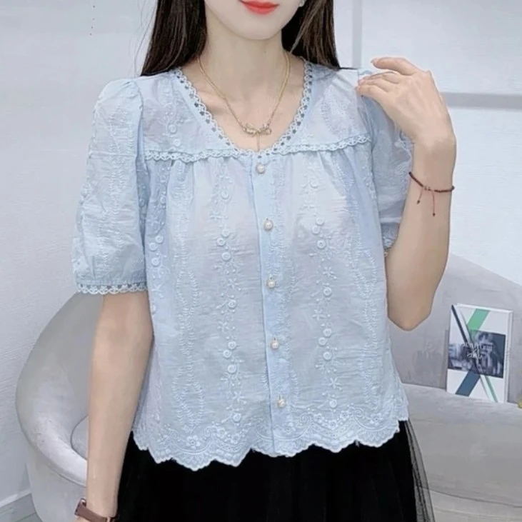 季念100%棉夏季新款刺绣短袖上衣女轻奢洋气百搭绣花设计感衬衫女