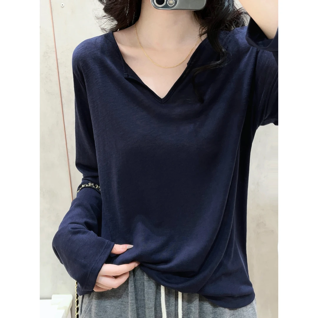 设计感V领雪花棉长袖T恤女早秋薄款纯色防晒衫宽松正肩慵懒风上衣