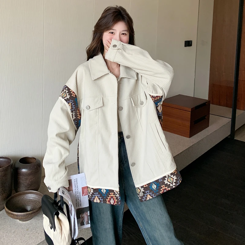 设计感撞色拼接灯芯绒外套女2025春秋季复古洋气别致翻领夹克上衣