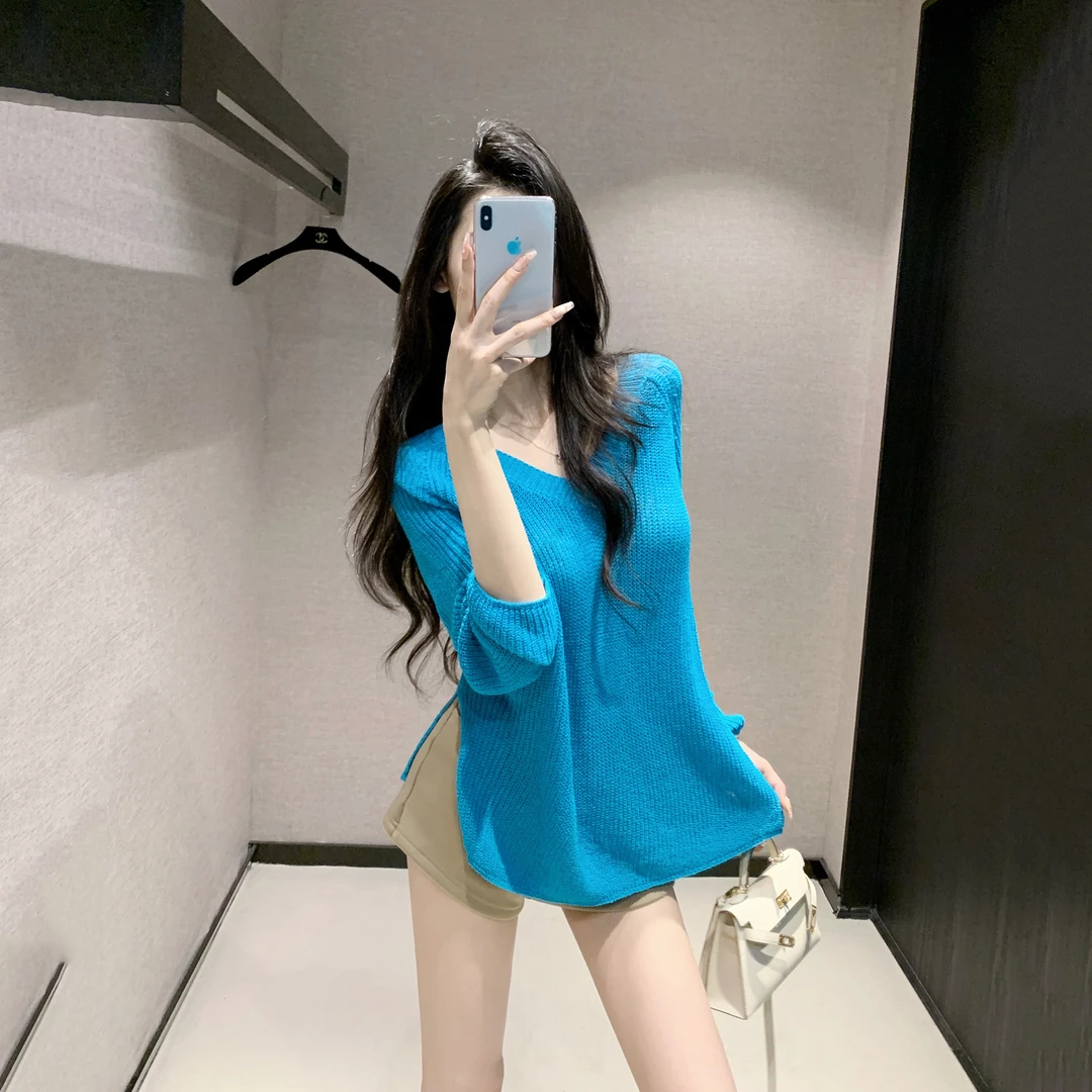 v领蓝色毛衣女外穿早秋季2025新款韩系独特漂亮简约巨好看薄上衣