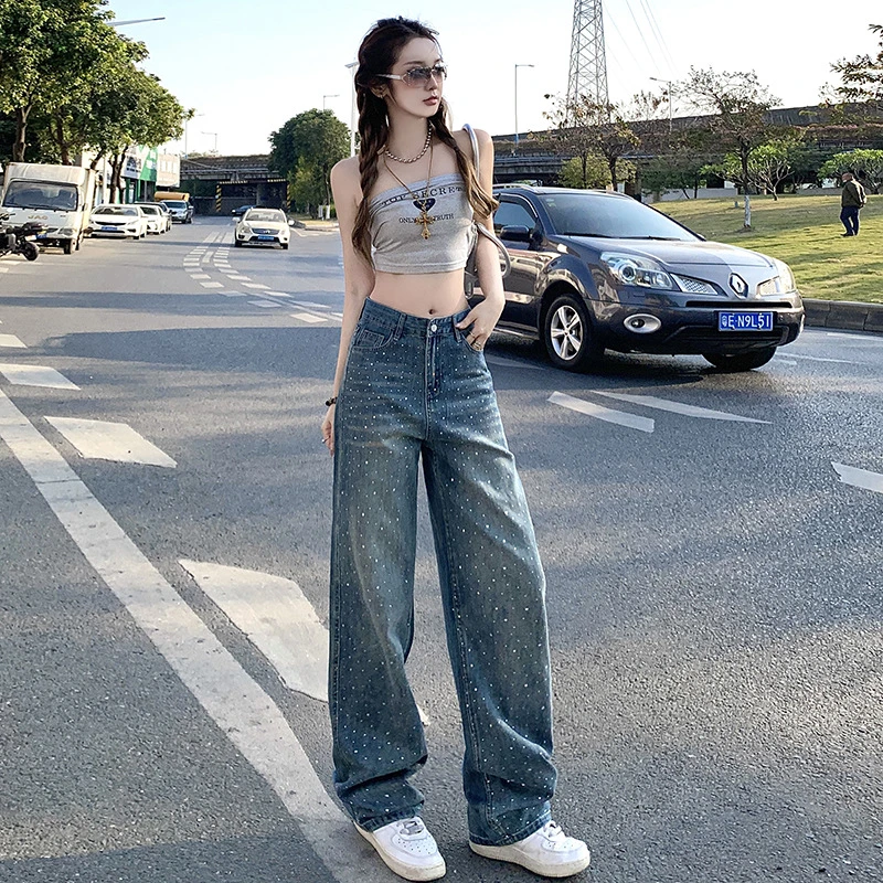 烫钻阔腿牛仔裤女春秋超柔软满天星爆闪宽松舒适显瘦垂顺直筒裤子