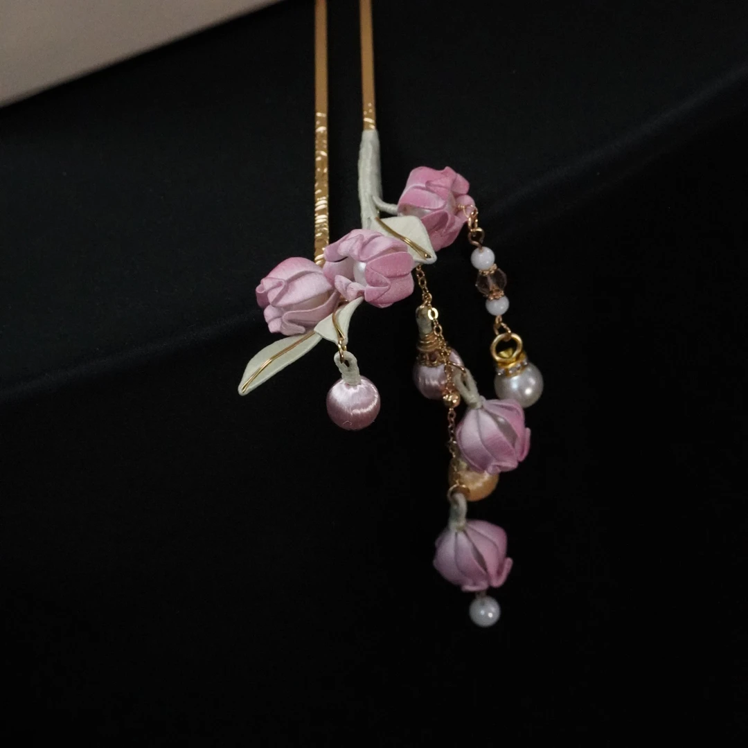 素粉铃兰U钗非遗缠花发饰头饰花朵u型发簪古风簪子湖北缠花日常