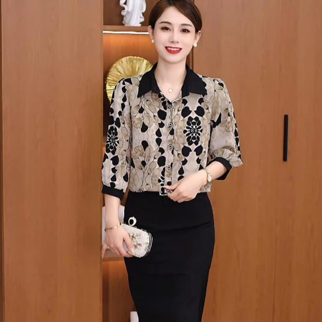 L066七分袖印花雪纺衬衫女夏季新款显瘦中袖衬衣减龄洋气女士上衣