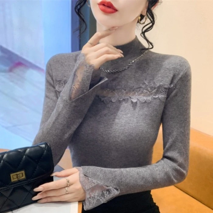 实拍钉钻半高领蕾丝拼接针织毛衣2025年秋冬新款长袖女显瘦打底衫