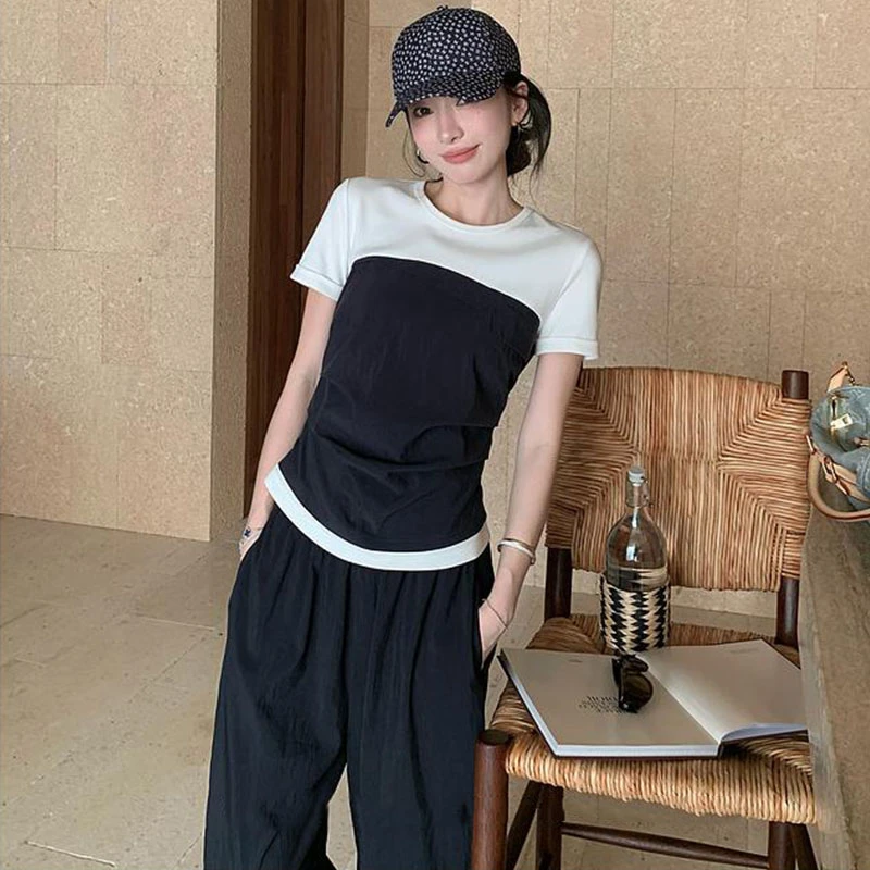 大码韩系撞色拼接短袖T恤女显瘦设计感小众假两件正肩上衣-X8882