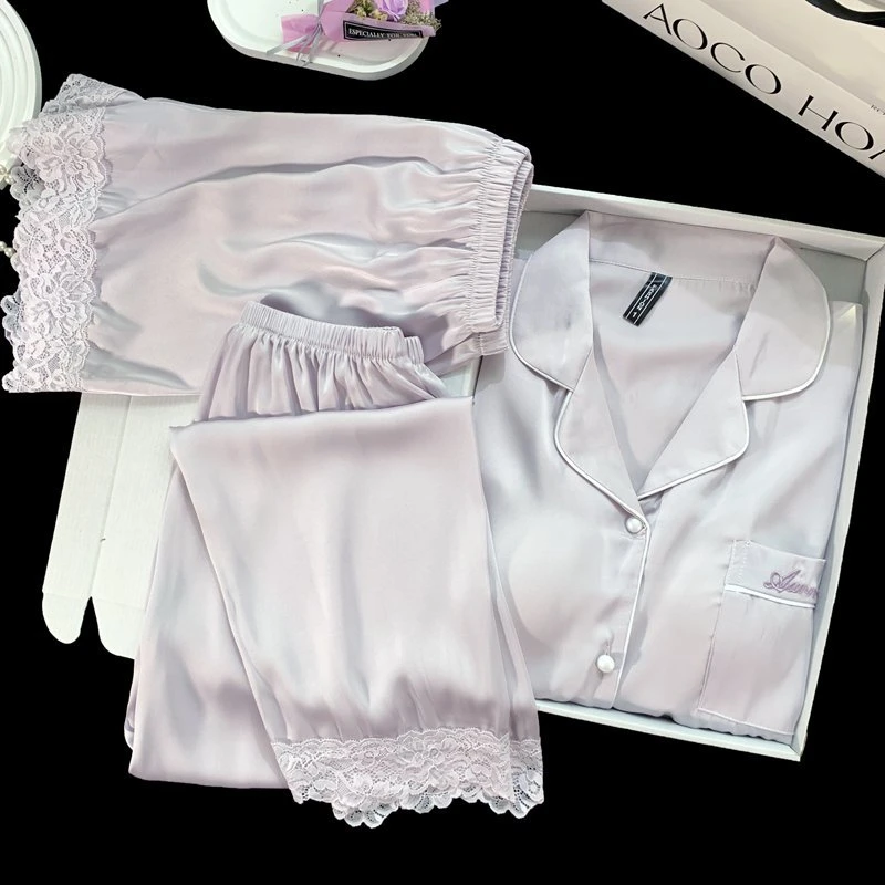 【紫霞仙子】夏季薄款冰雪丝带胸垫短袖睡衣套装女