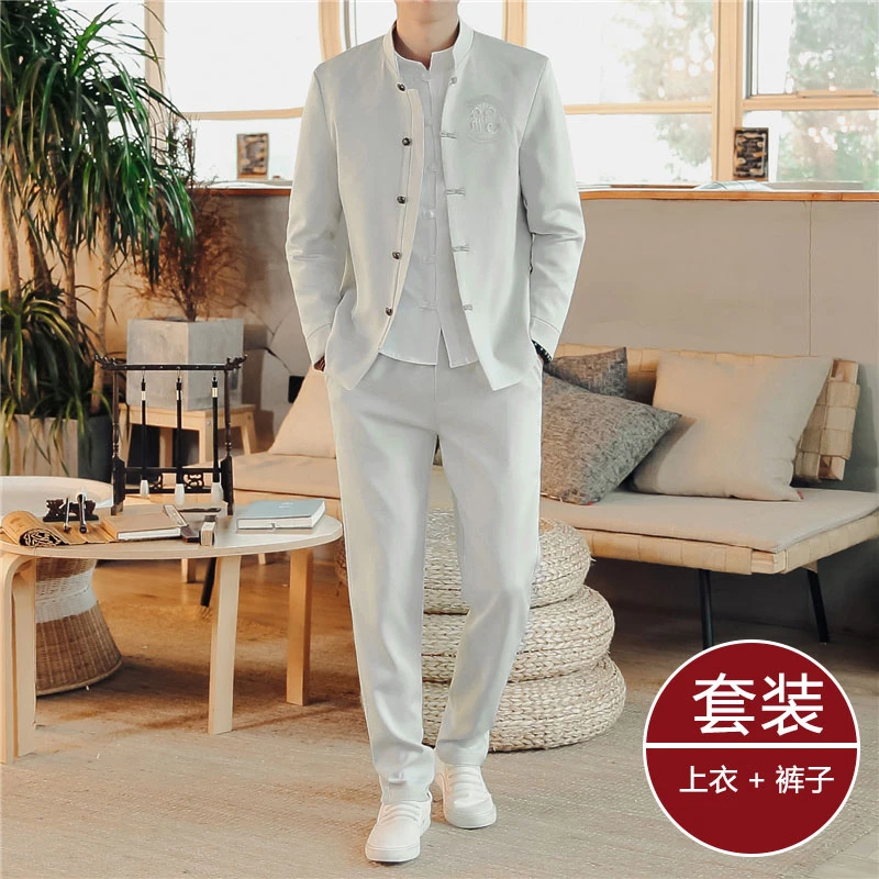 男士西装套装中国风刺绣修身立领中山装外套男青年休闲西服两件套