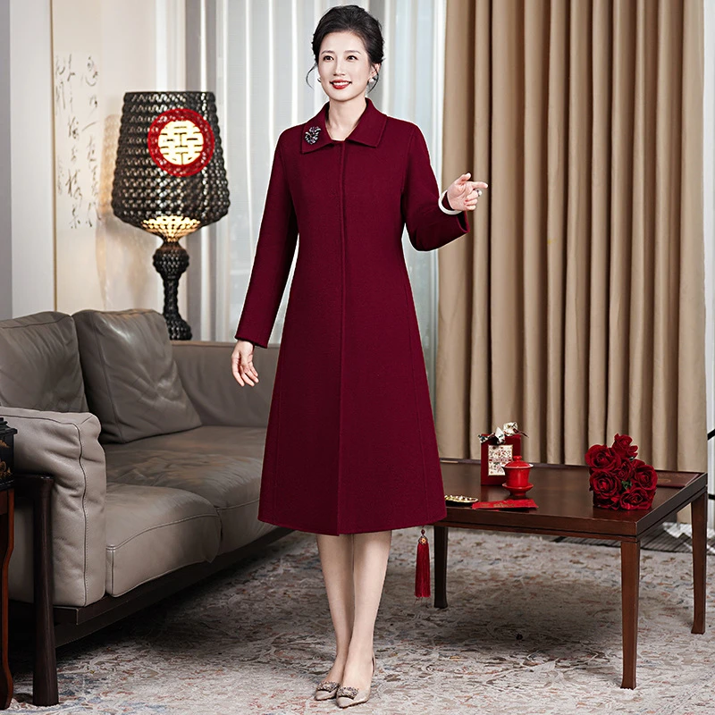 2025秋冬保暖羊毛大衣冬季外套婚庆中年妈妈装加厚婚宴高端红色J