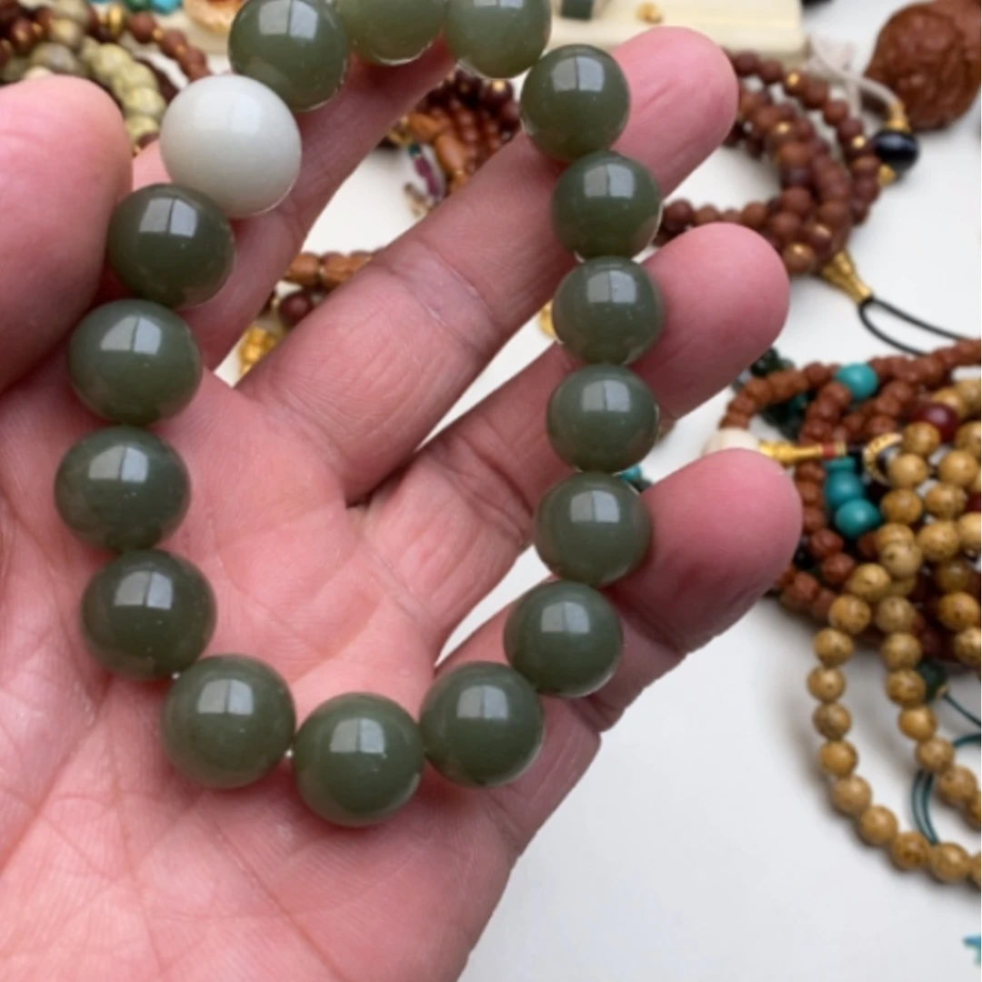 【闪购商品】和田玉（青玉）手链未镶嵌圆珠手串15m m