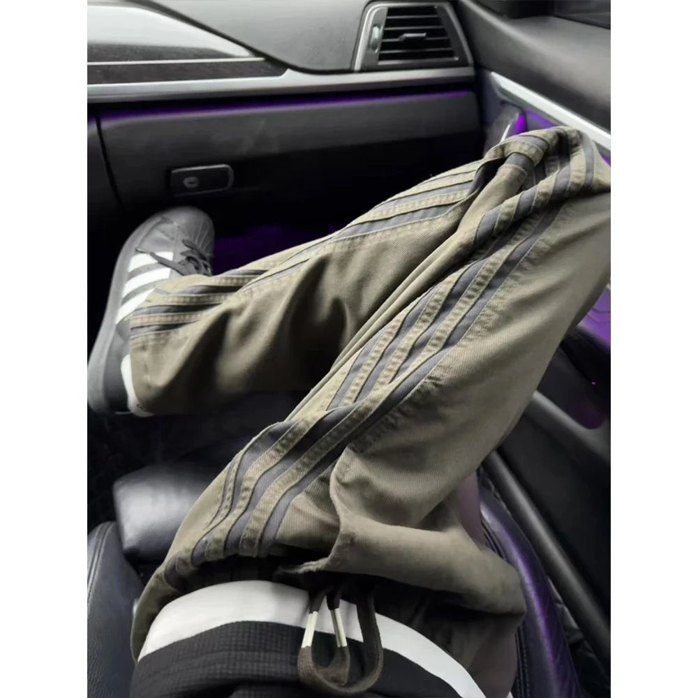 军绿色三道杠条纹裤子男款夏季美式速干运动休闲裤直筒工装裤潮牌