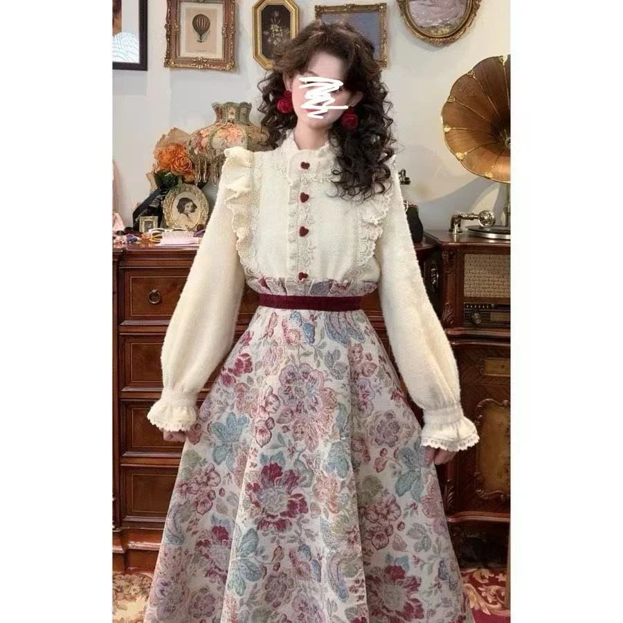 【雪国公主】气质法式复古显瘦加厚温柔荷叶边衬衫+高腰洋气半身裙