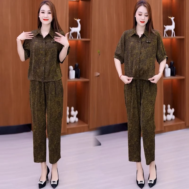 时尚休闲套装女夏季新款洋气质显瘦印花短袖衬衫高腰哈伦裤两件套