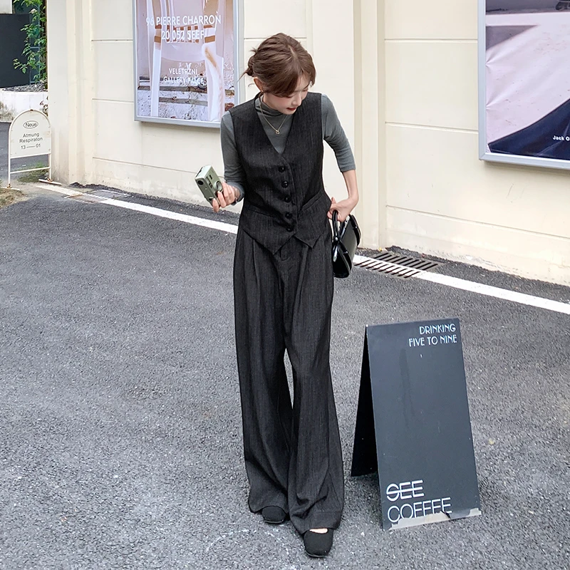老钱风时尚显瘦复古套装女秋季新款高级简约马甲+内搭+长裤三件套
