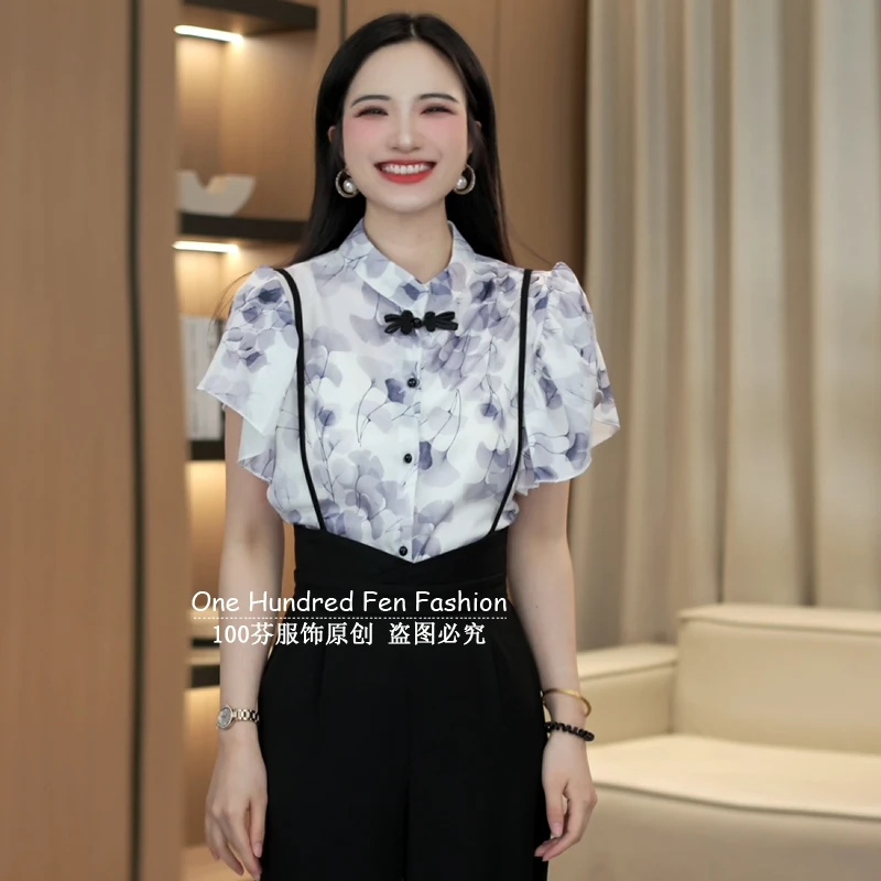 新中式国风水墨盘扣飞飞袖衬衫女2025夏季新款洋气独特别致上衣潮