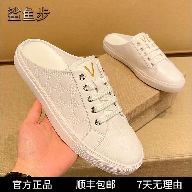 鲨鱼步男士潮流懒人包头拖鞋外穿真皮简约方便夏季透气鞋休闲半拖