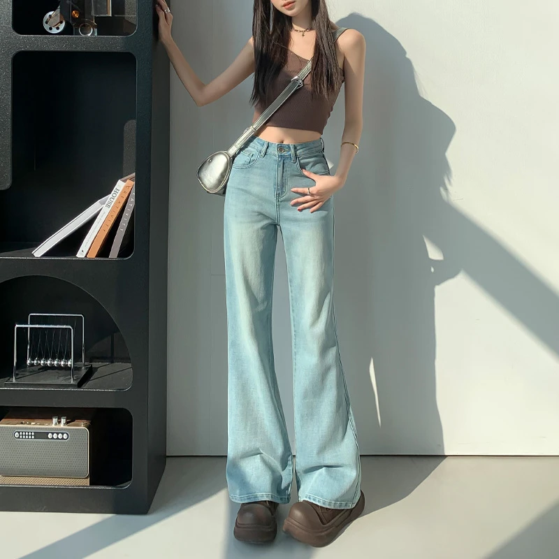 梨形身材直筒裤简约轻奢微喇叭宽松弹力秋季蓝牛仔裤女显瘦马蹄裤