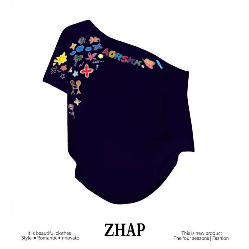 【ZHAP】新款一字肩宽松短袖t恤女藏青色甜辣通勤简约高街显瘦上衣
