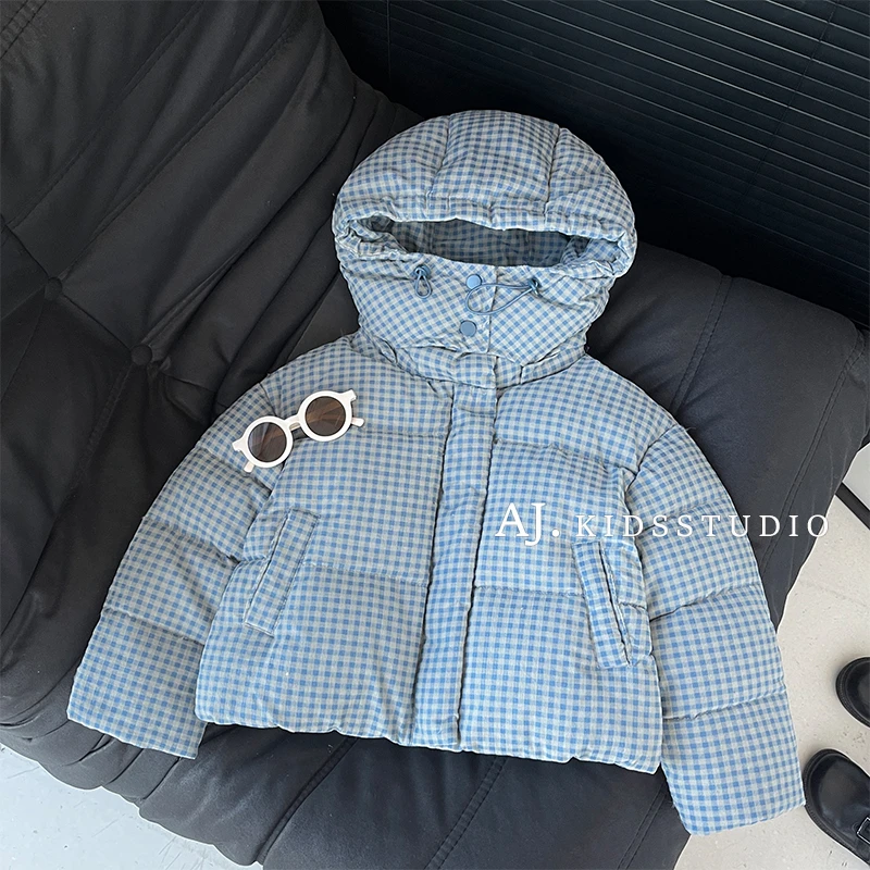 【现货】阿卷冬装韩版儿童时尚蓝格纹休闲保暖日常连帽棉服MPG5463