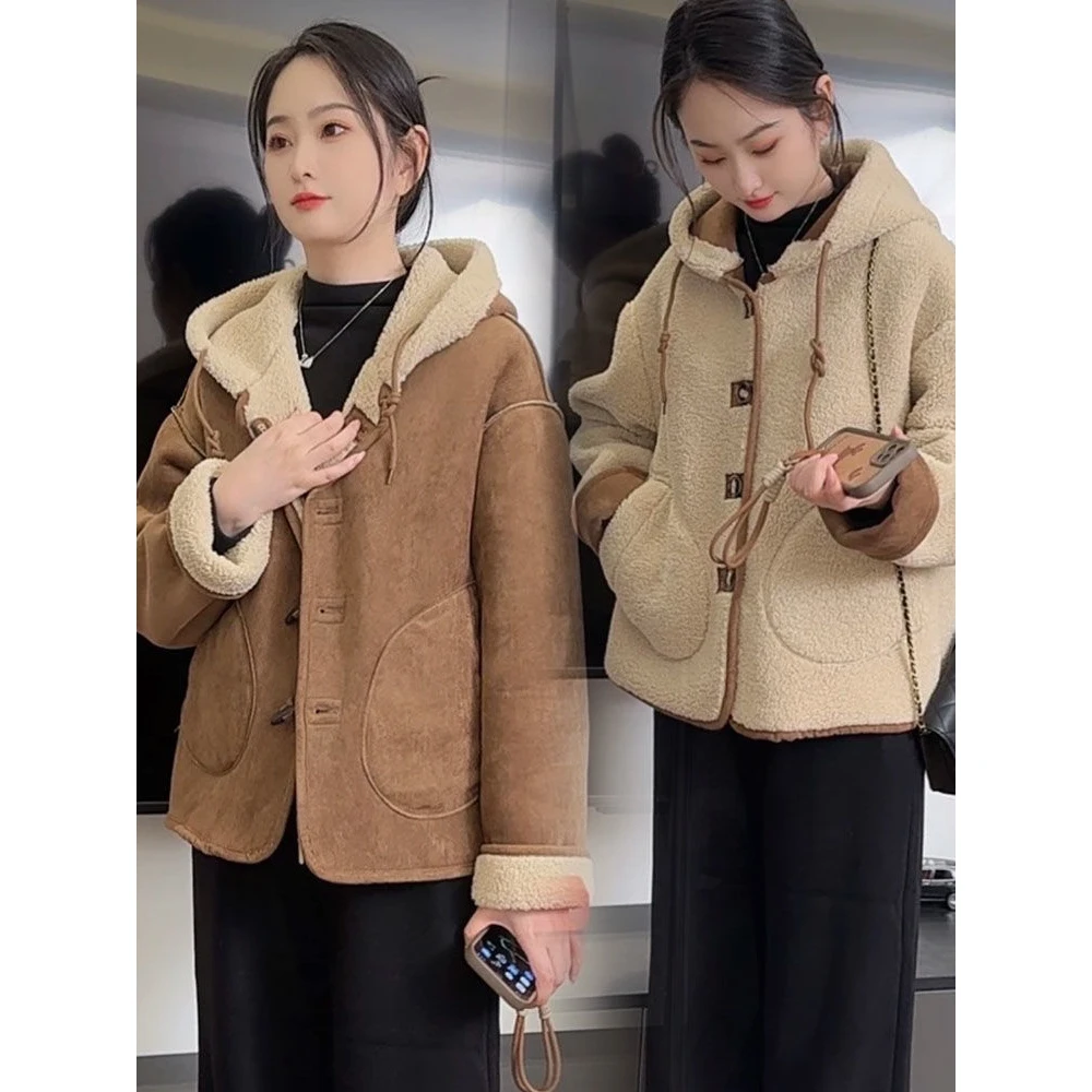 TSKM两面穿连帽加绒加厚麂皮绒外套女2025冬新款显瘦宽松休闲皮毛