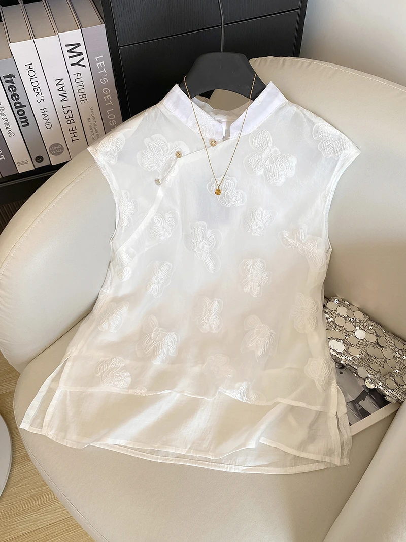 新中式提花刺绣网纱拼接盘扣无袖背心女2025夏季时尚气质别致上衣