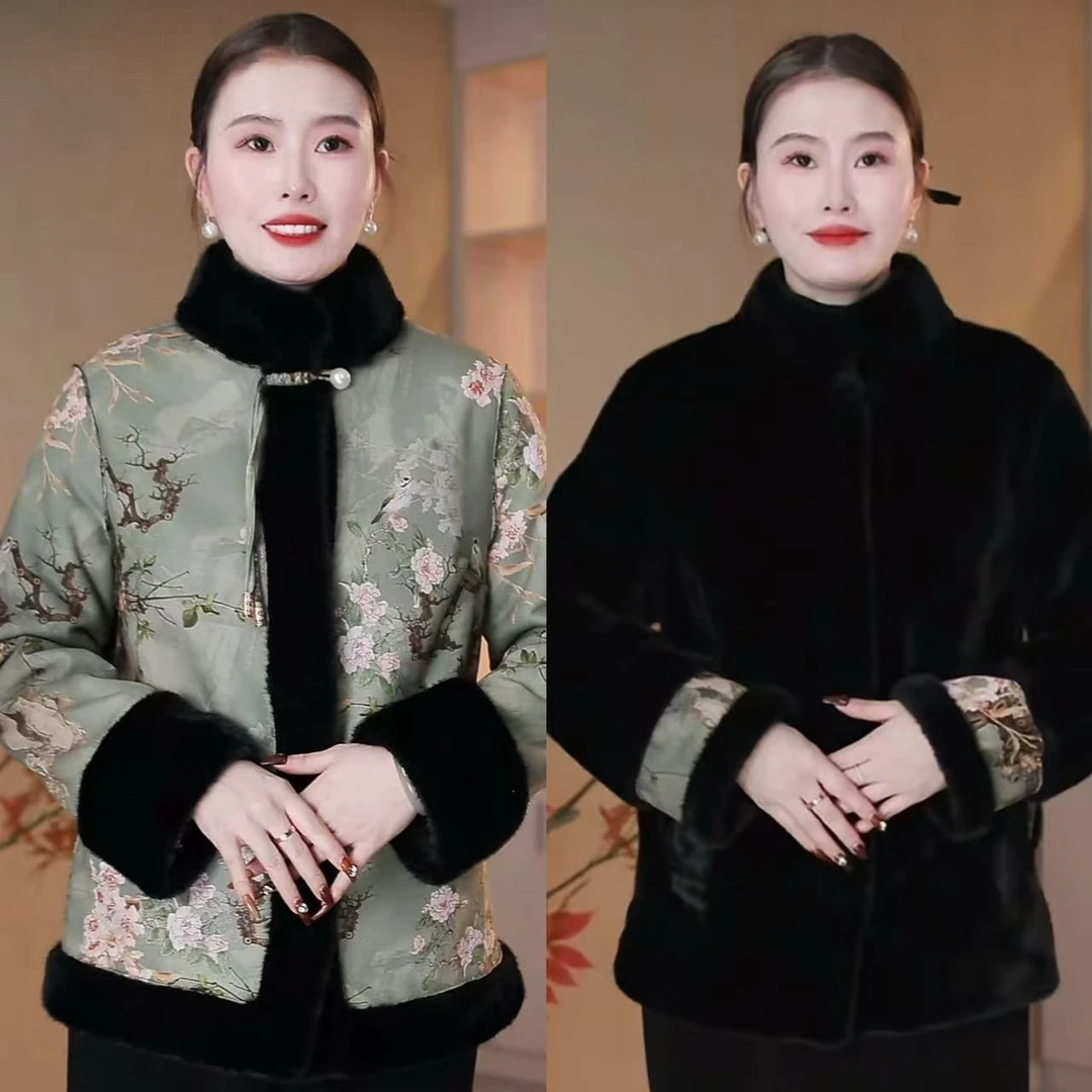 （双面双穿）冬季新款立领中长款时尚中老年女装外套一体毛毛加厚