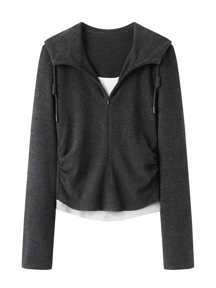 艾家商场同款2025秋款气质简约风修身显瘦撞色连帽卫衣上衣女4114