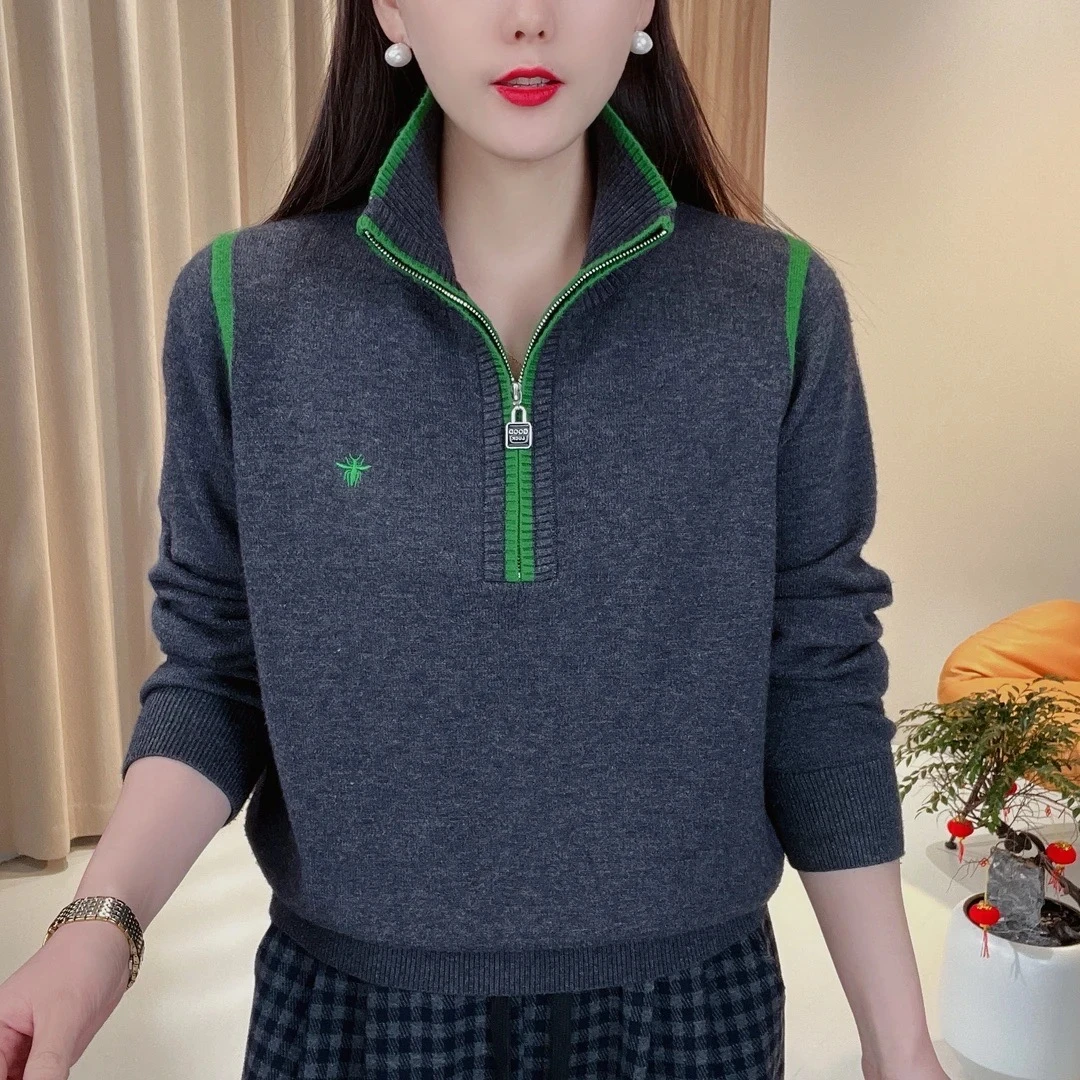 春季新款厚款毛针织衫套头女装休闲百搭针织撞色加厚常规立领毛衣