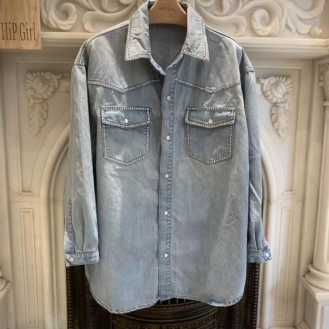 【202212035牛仔衬衣淡蓝色】牛仔外套女春秋装炸街欧版宽松牛仔衣