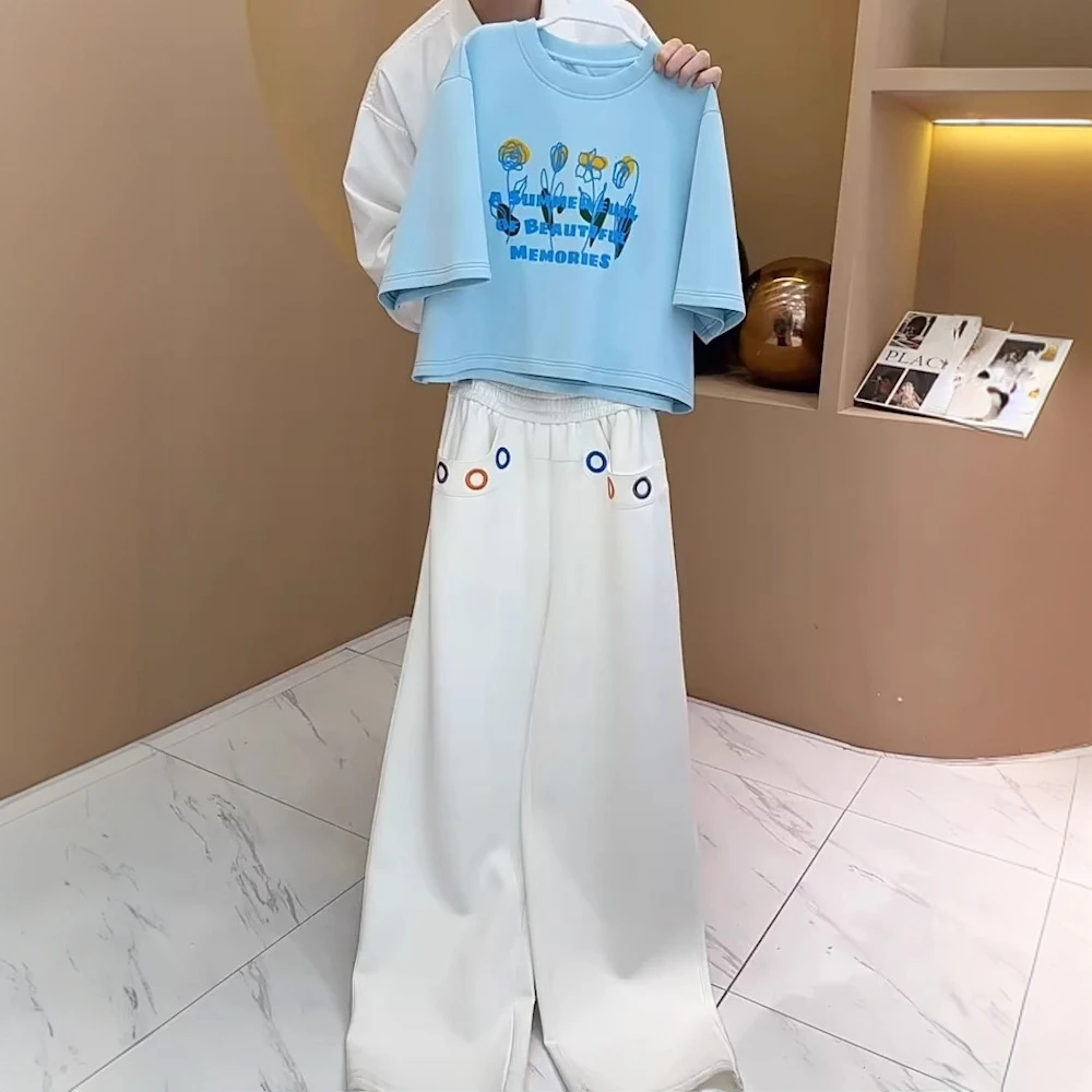 韩版高级感休闲运动套装女夏季一整套慵懒风蓝色T恤阔腿裤两件套