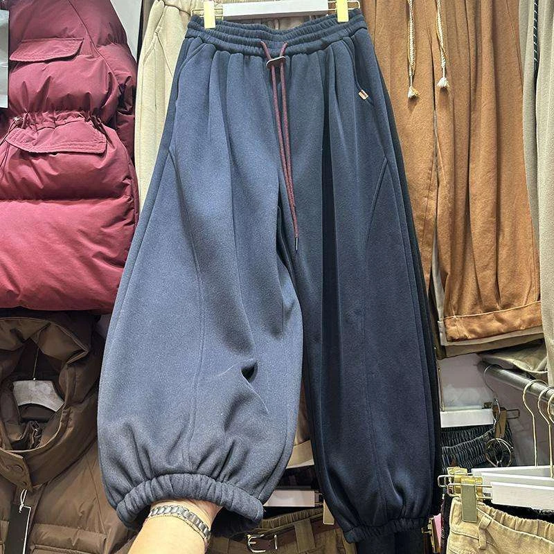 加厚加绒休闲卫裤男秋冬大码300斤宽松显瘦高腰束脚运动灯笼裤ins