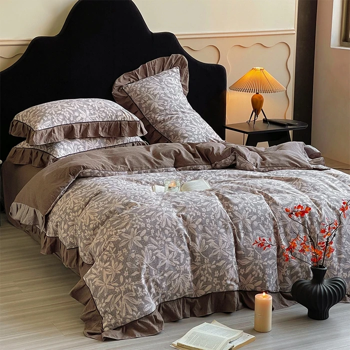 秋冬新款欧式复古水洗原麻四件套轻奢花边款加厚印花被套床单套件