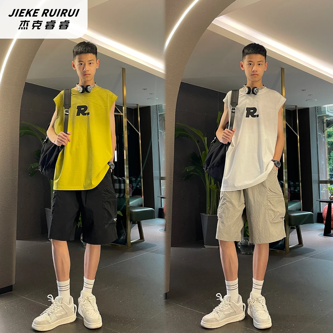 【现货-睿】夏季新款简约字母宽松无袖背心T中大童休闲上衣杰克睿睿