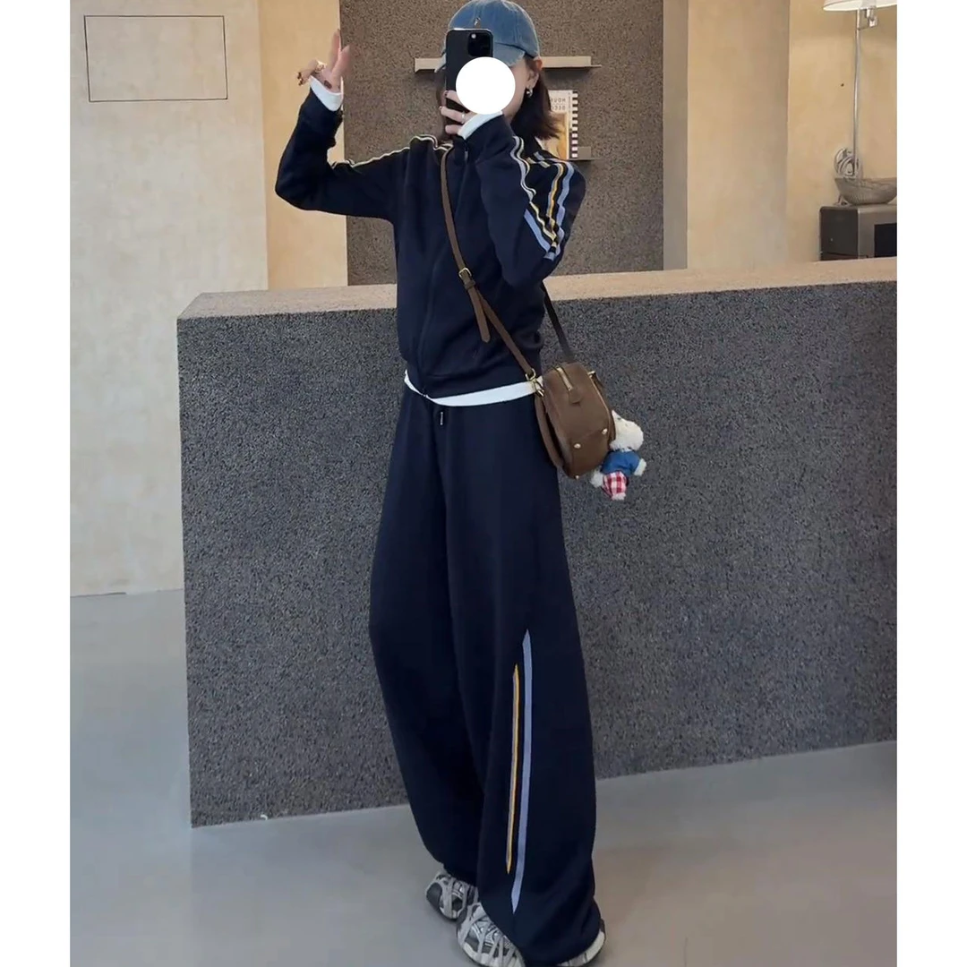 复古休闲百搭洋气长裤套装2025秋季新款立领卫衣外套阔腿裤两件套