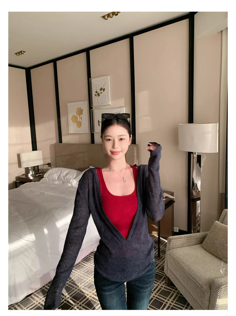 深v领长袖针织T恤女秋季修身防晒罩衫显瘦辣妹叠穿吊带上衣两件套