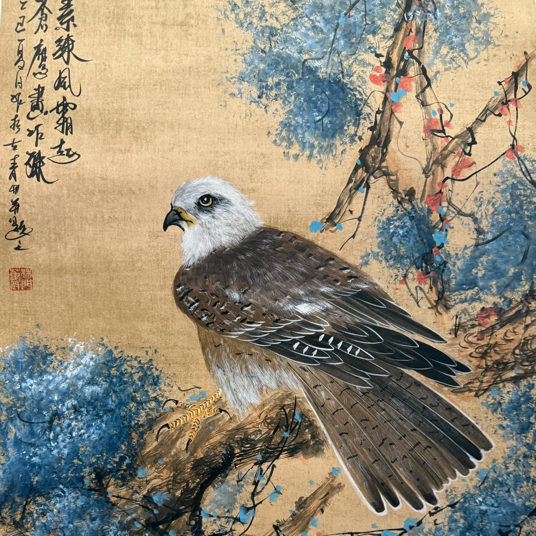 董洋动物工笔《苍鹰画》素练风霜起 雄鹰傲视现代装饰画70x48
