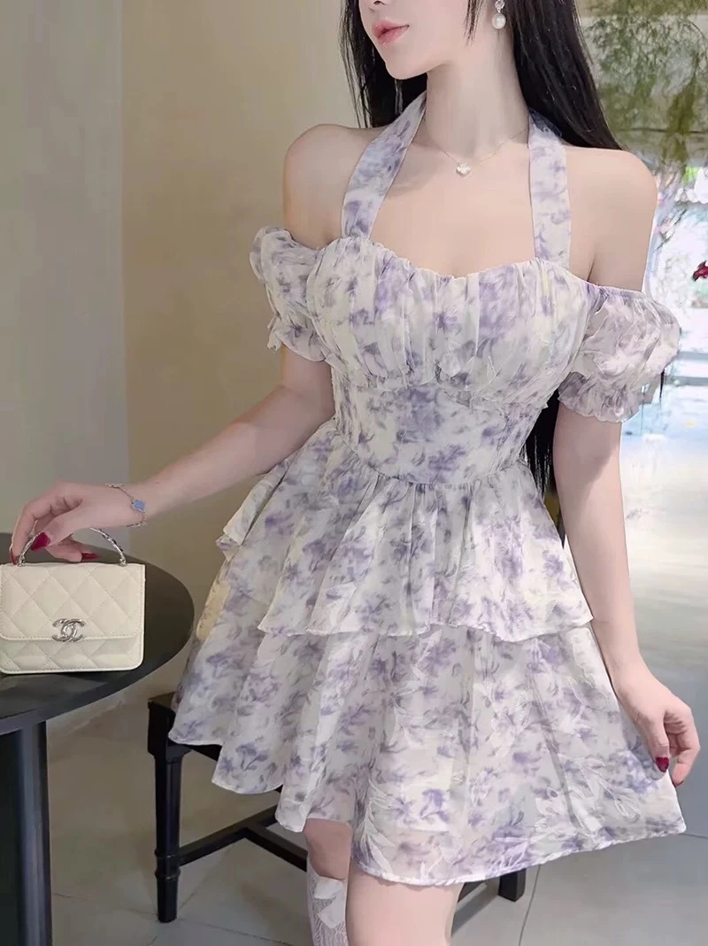 紫色挂脖两穿雪纺晕染连衣裙小个子碎花夏季