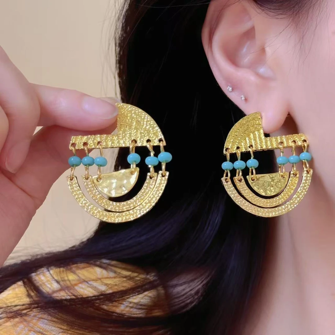 合金耳饰 部落图腾纹理串绿石头耳环多层圈圈耳环高级镀金异域风